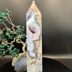 Blue Flower Agate Crystal Tower 8" Tall Druzy Pockets Chalcedony 6 sided 63